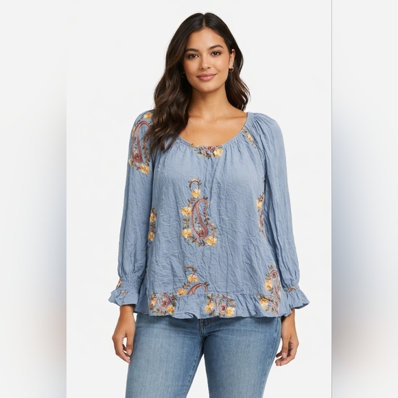 Liv Los Angeles Tops - Liv Losangeles Women's Top Blue Florsl Embroidered Boho Ruffled Elastic Neckline